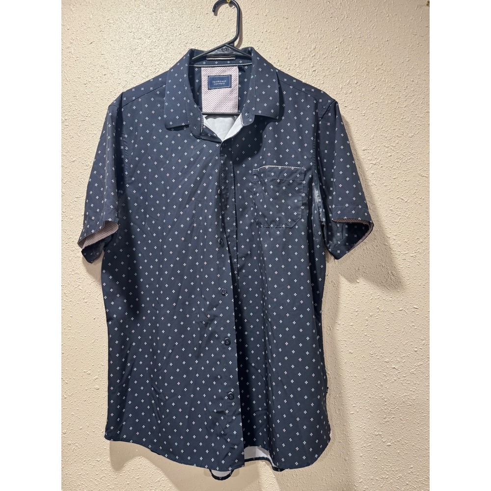 7Diamonds Mens Short Sleeve Button Down Shirt Navy Blue 4-Way Stretch SMK L